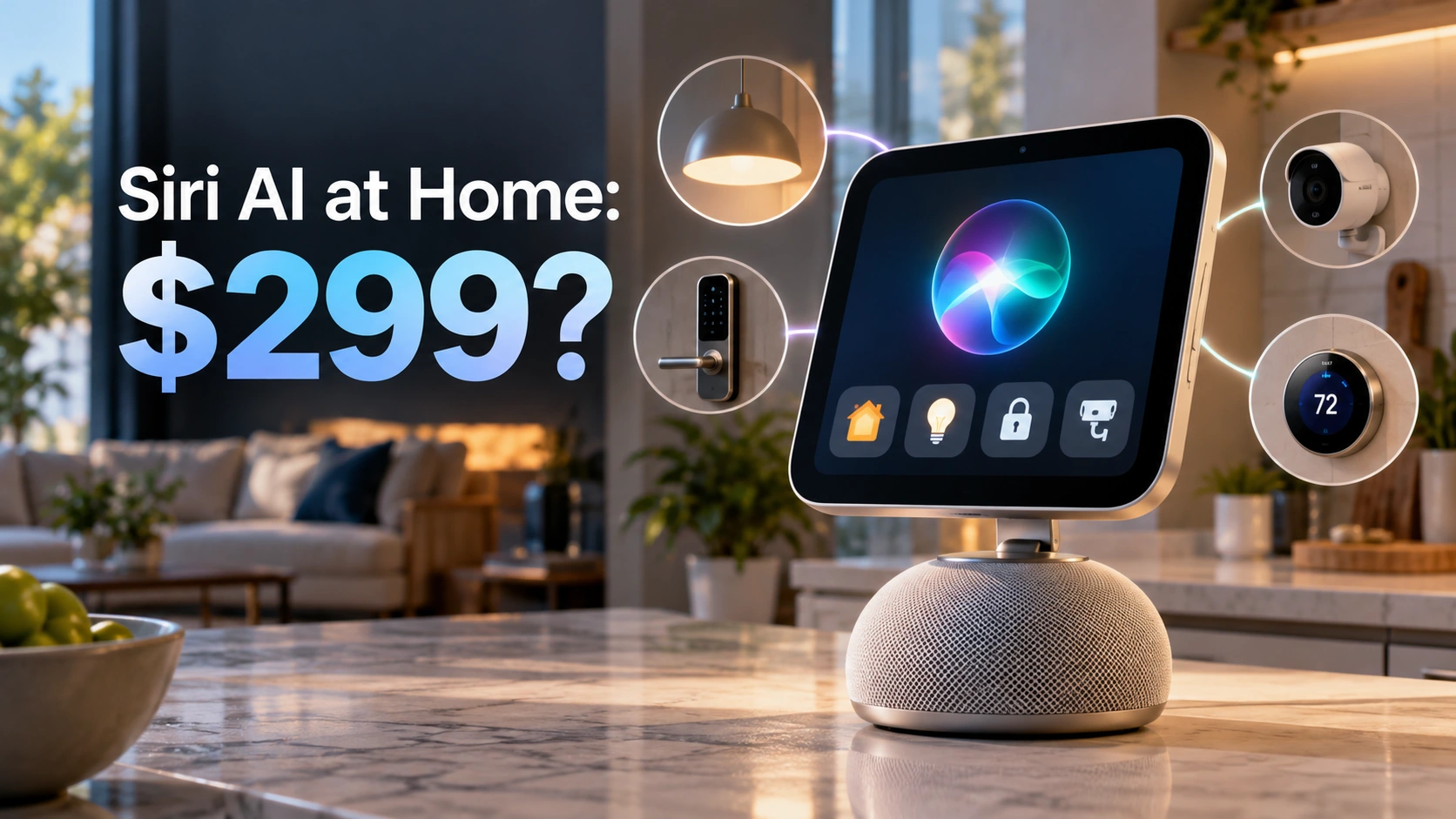 Editorial illustration of an Apple HomeView smart display in a modern home, with Siri AI and smart home controls surrounding the device
