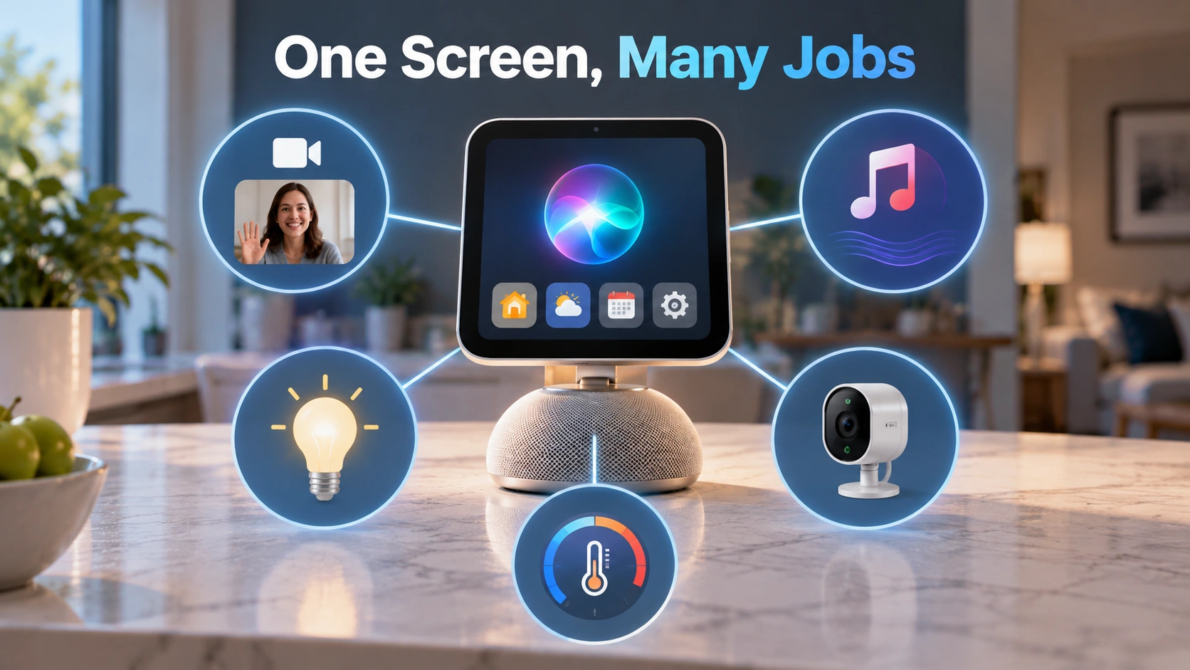 Diagram showing an Apple HomeView smart display connecting household functions including video calls, music, lights, thermostats, and security cameras