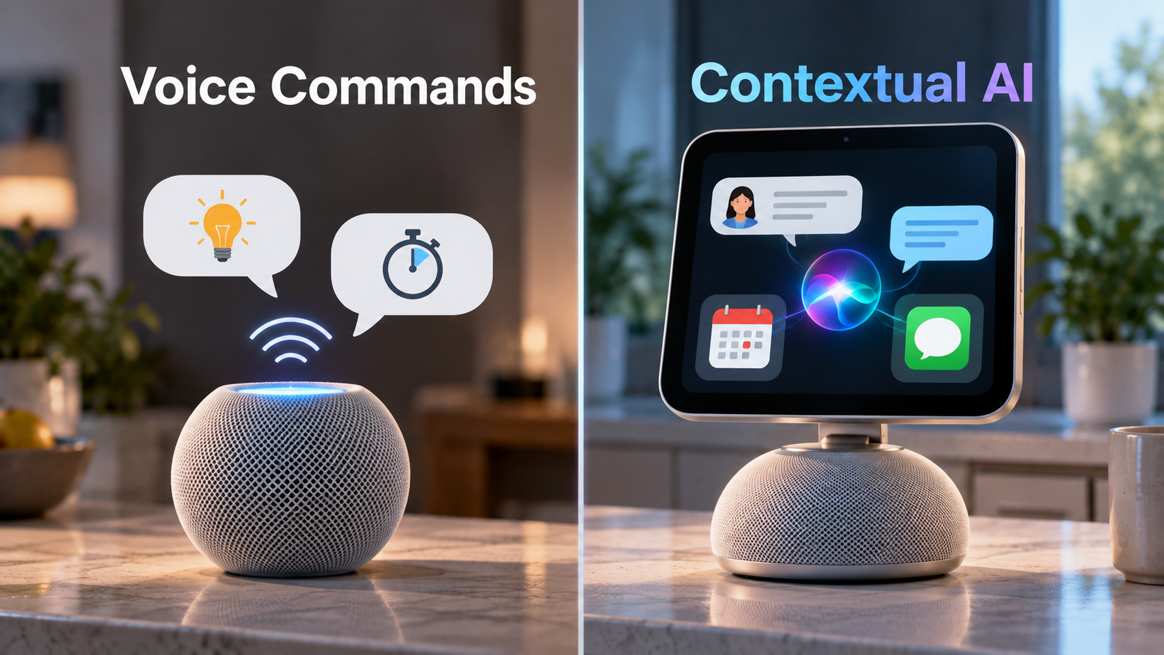 Comparison infographic showing basic smart speaker voice commands alongside Siri AI conversations and personalized assistance on Apple HomeView