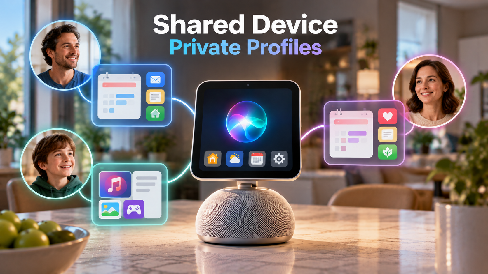 Conceptual diagram showing one Apple HomeView recognizing different household members and displaying separate personalized calendars and home screens