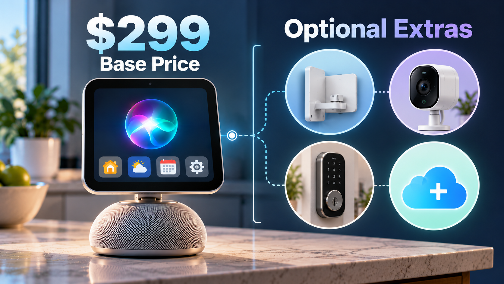 Infographic comparing the $299 Apple HomeView base price with optional wall mounts, smart home accessories, and subscription-based camera features