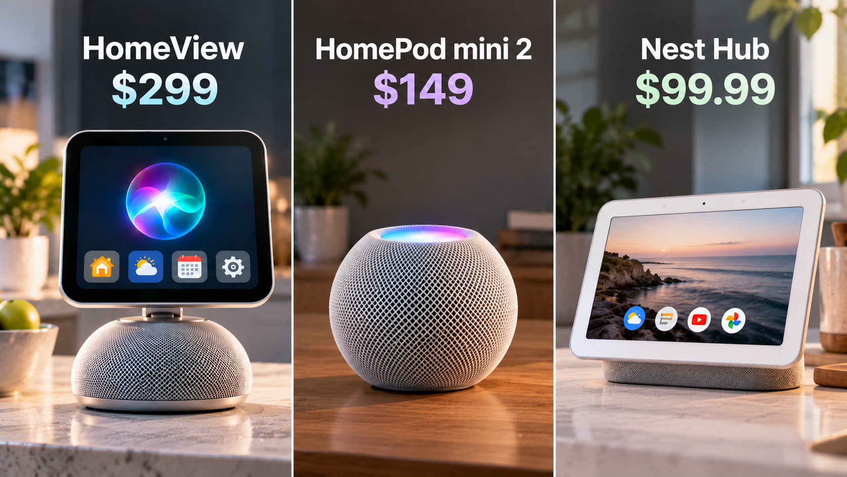 Comparison infographic showing Apple HomeView, HomePod mini 2, and Google Nest Hub with their different functions and U.S. list prices