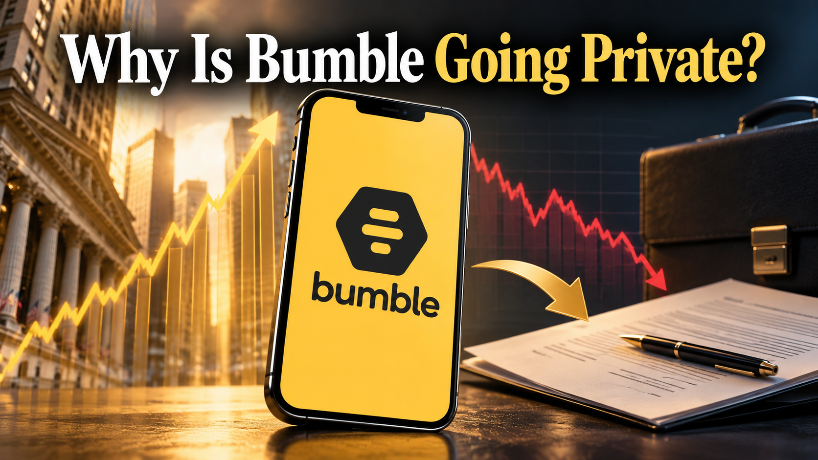 Editorial illustration showing the Bumble dating app beside a falling stock chart and a symbol of private ownership.