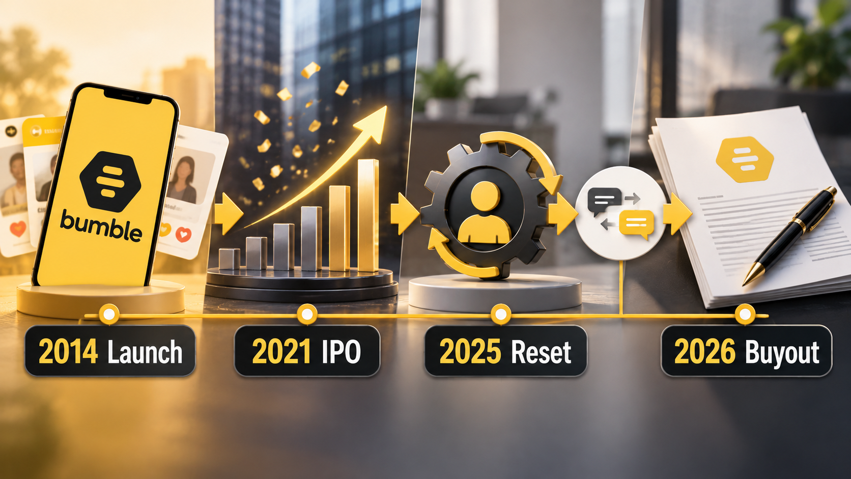Timeline tracing Bumble from its 2014 launch and 2021 stock market debut to its 2026 acquisition agreement.