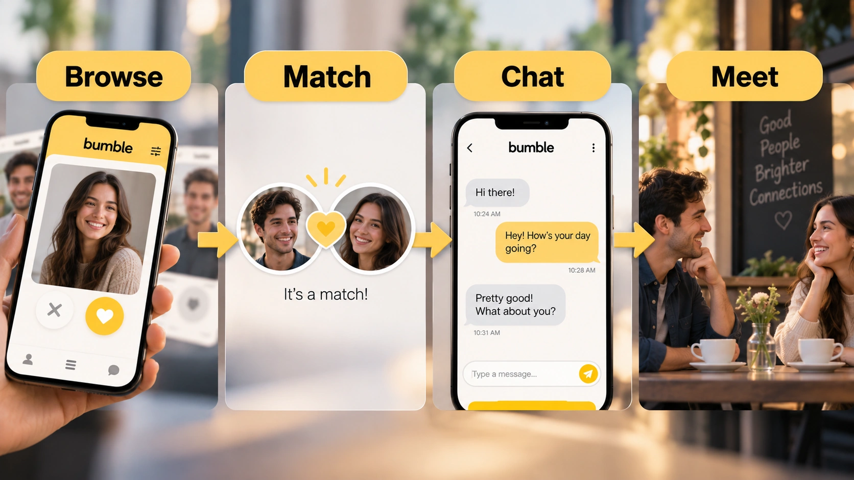 Editorial infographic illustrating the stages of online dating from browsing profiles to messaging and meeting in person, with potential friction along the way.