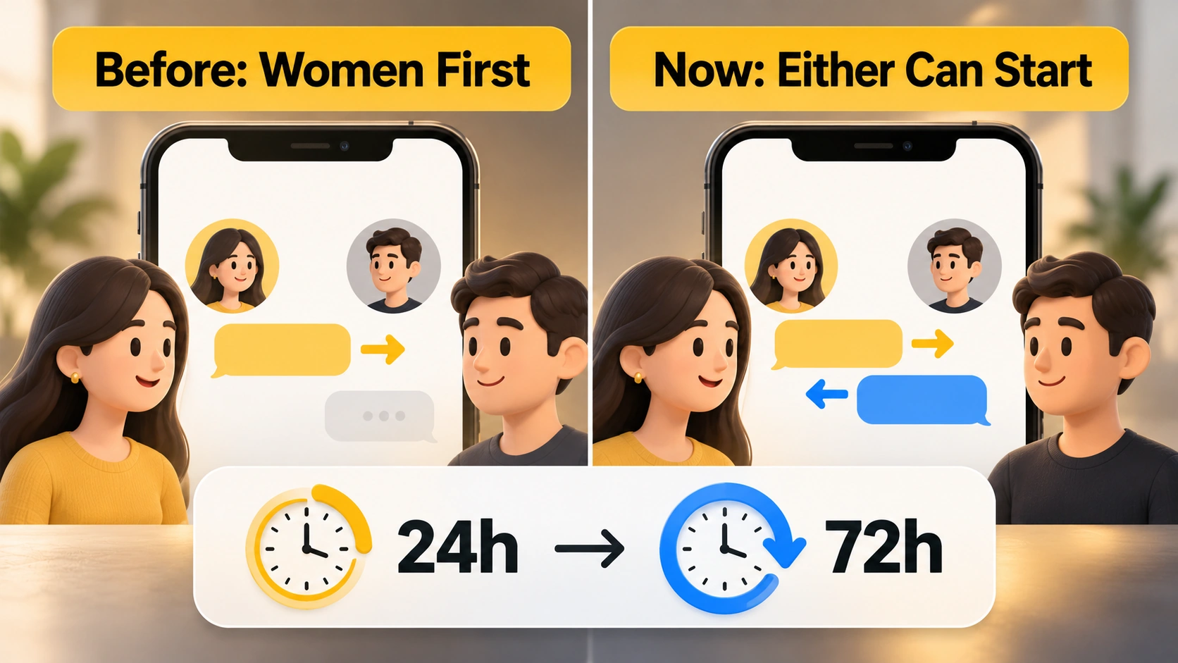Before-and-after infographic comparing Bumble's original women-first messaging rule with its more flexible 2026 messaging policy.