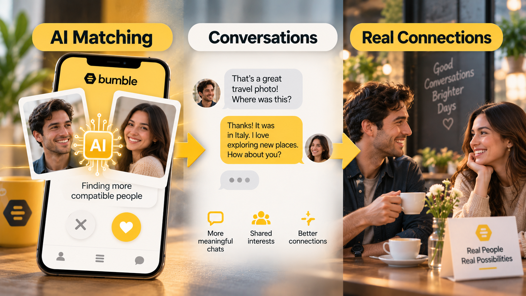 Conceptual diagram showing how AI-assisted matching, conversations, and in-person meetings could fit into Bumble's redesigned dating experience.