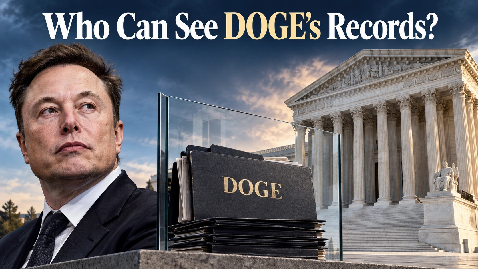 Editorial illustration of Elon Musk, the U.S. Supreme Court, and sealed DOGE records representing a dispute over government transparency