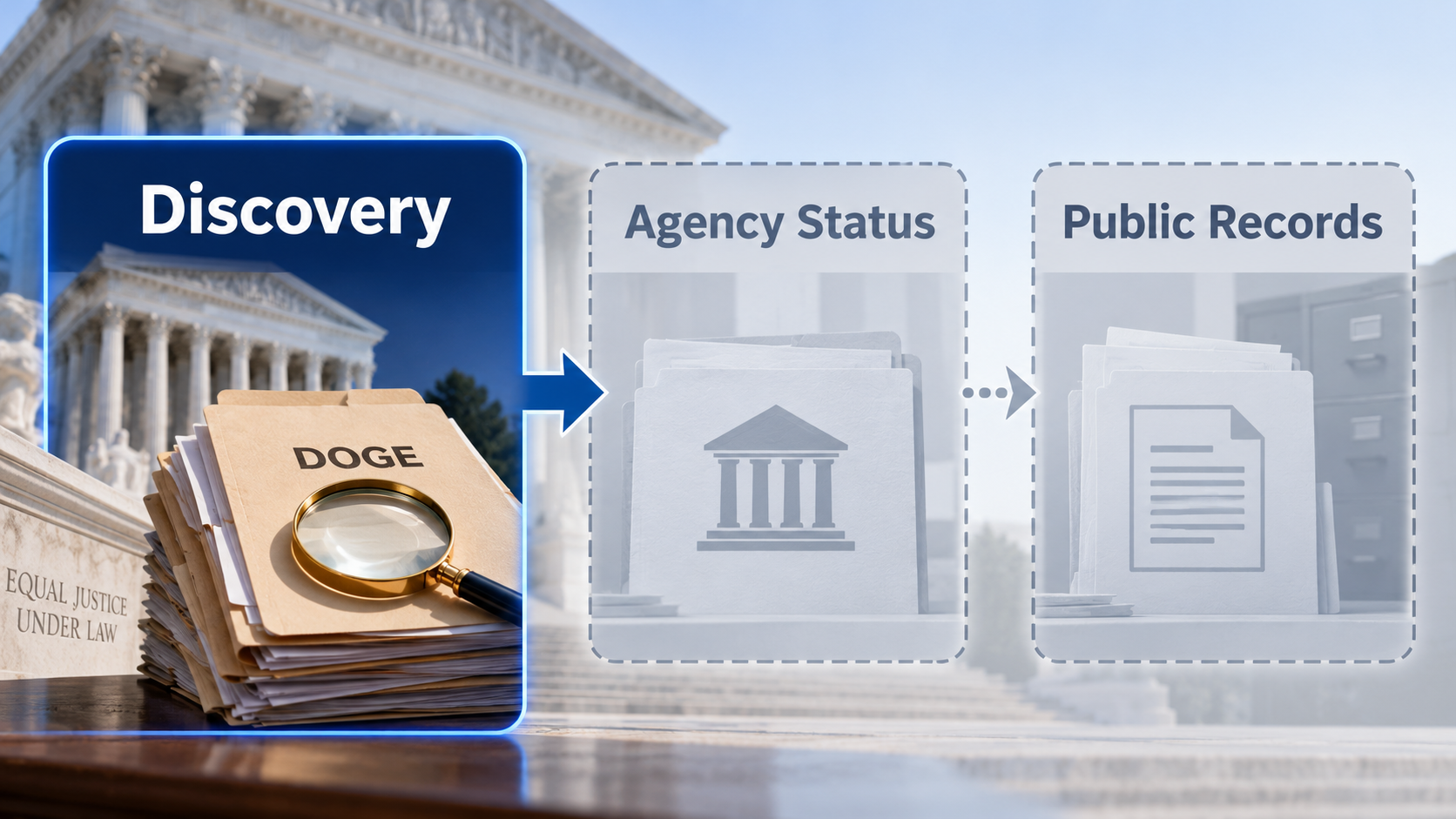 Three-stage legal diagram showing discovery, agency status, and possible later access to public records