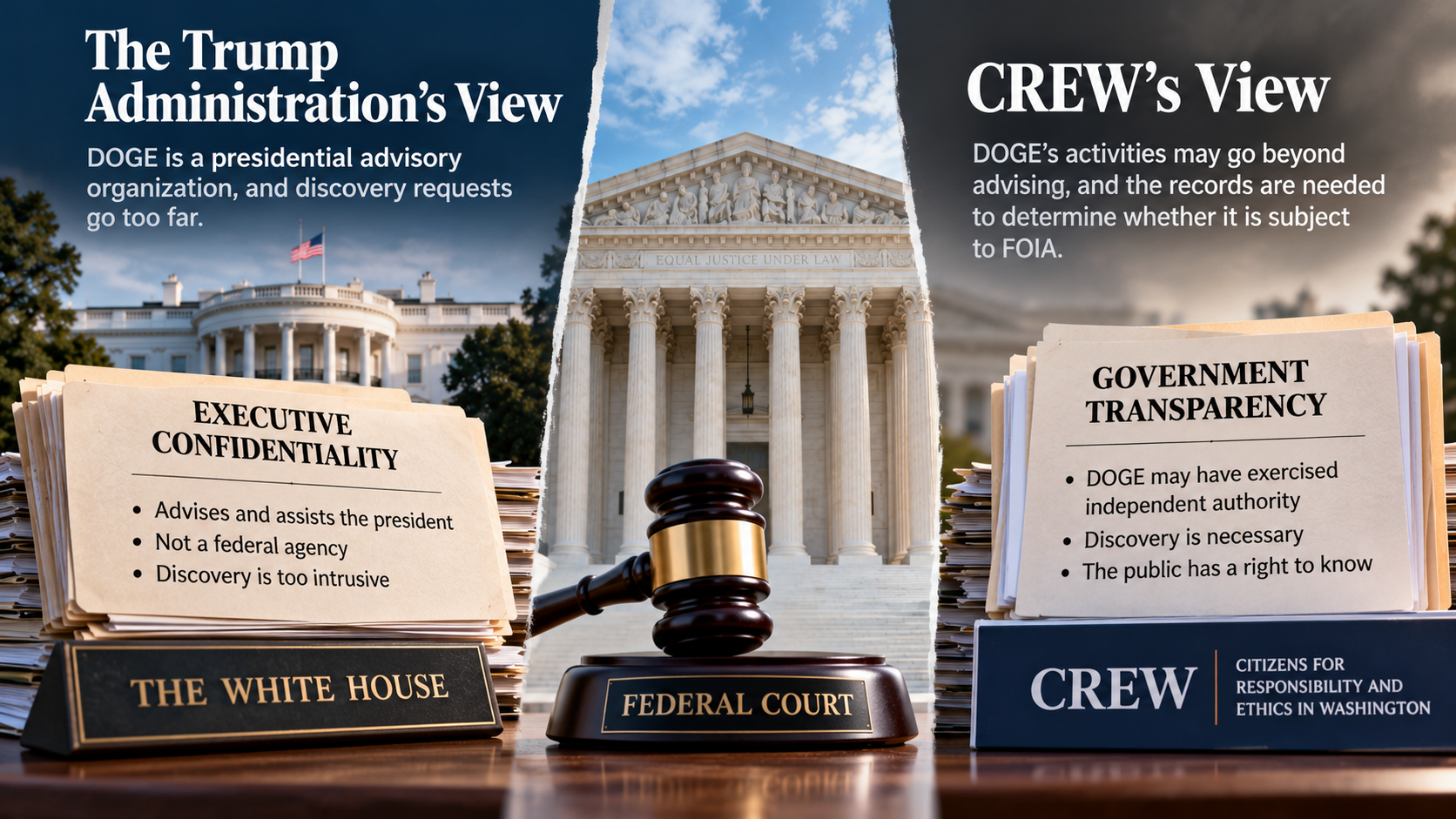 Neutral comparison of the administration’s executive confidentiality argument and CREW’s government transparency argument