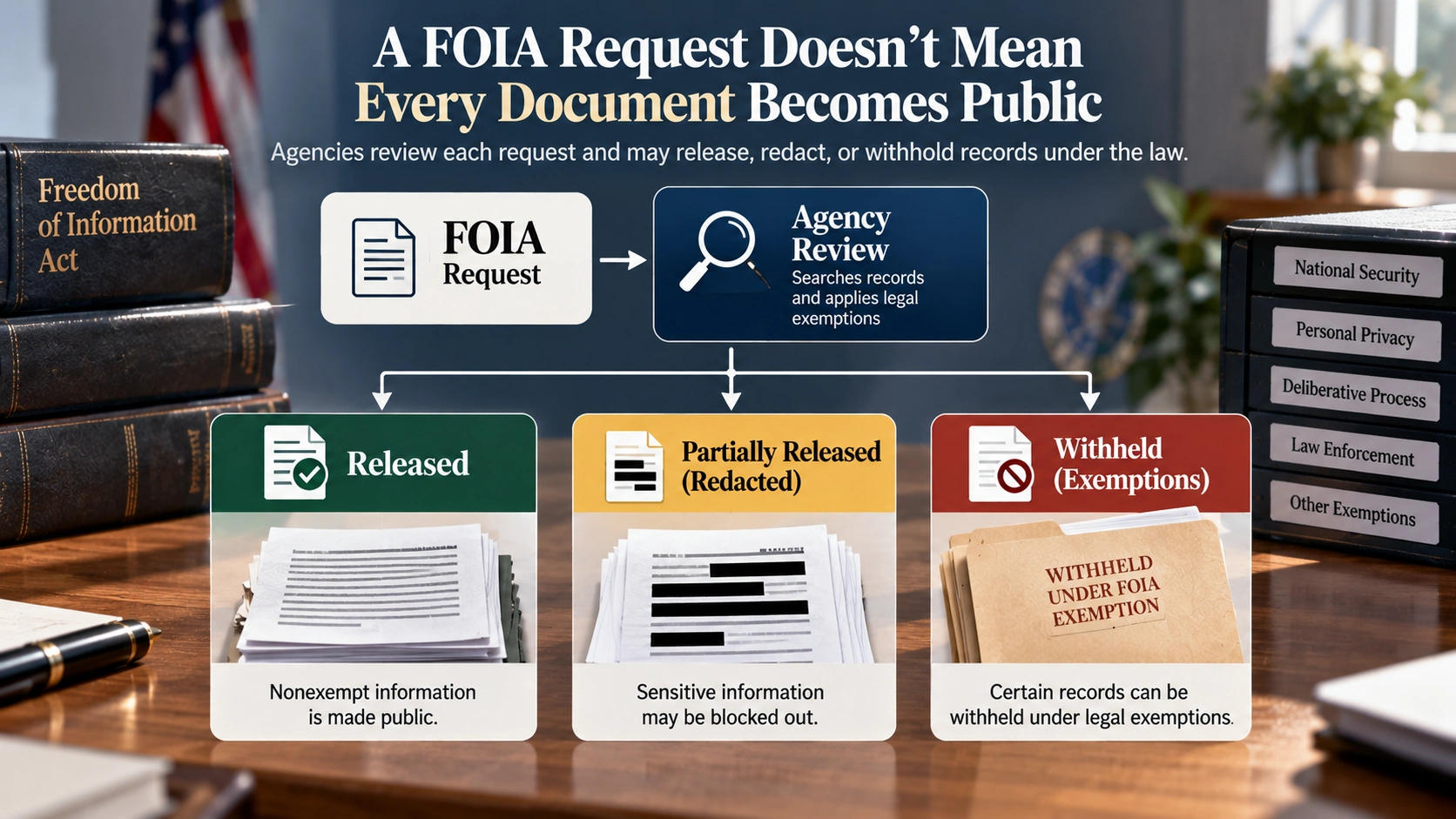 Flowchart showing how FOIA requests can produce released records, redacted documents, or legally withheld information