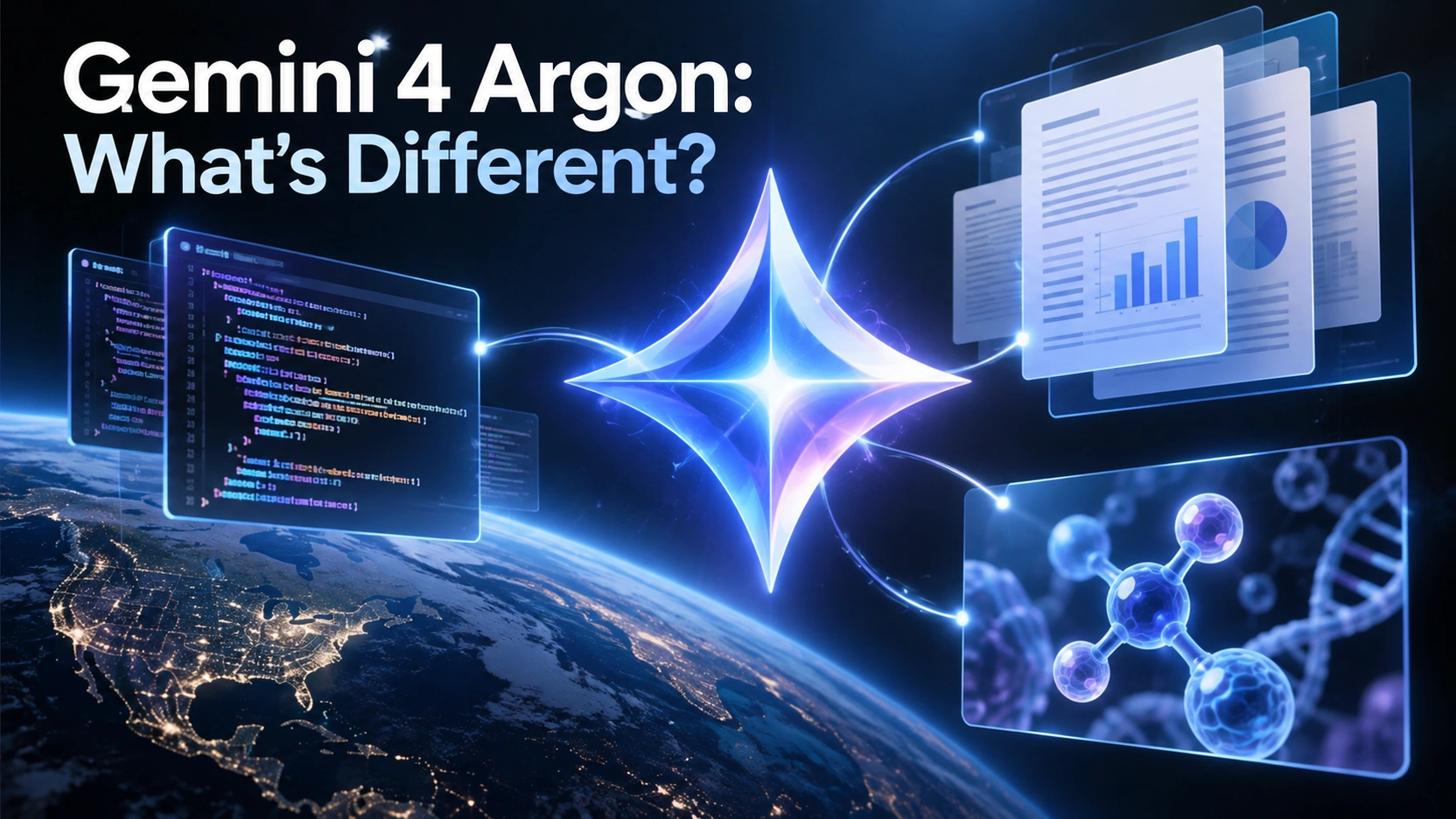 Editorial illustration of Google's Gemini 4 Argon at the center of interconnected AI coding, research, and analysis tools