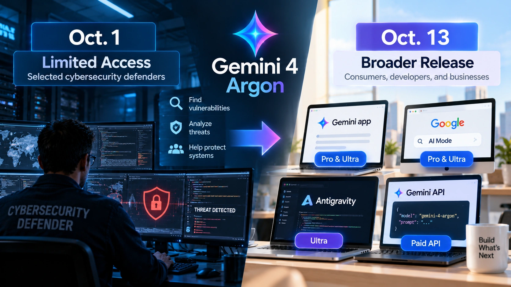 Timeline showing Google's restricted Gemini 4 Argon cybersecurity rollout followed by broader public and developer availability