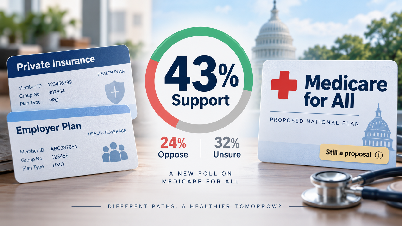 Editorial illustration contrasting private health insurance cards with a proposed Medicare for All card and the new poll findings