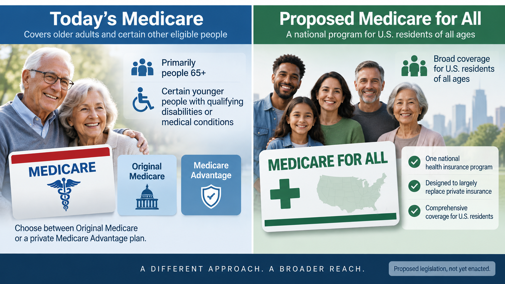 Comparison diagram showing current Medicare for older and eligible Americans versus proposed universal Medicare for All coverage