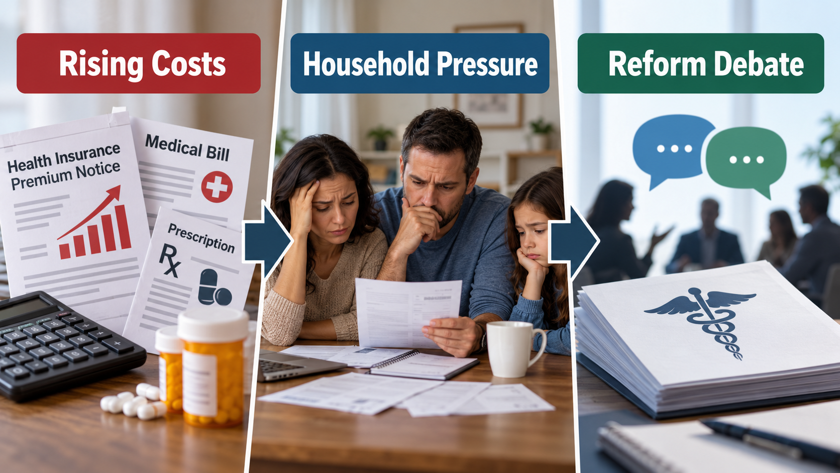 Editorial infographic connecting rising insurance premiums, household medical bills, and interest in healthcare reform