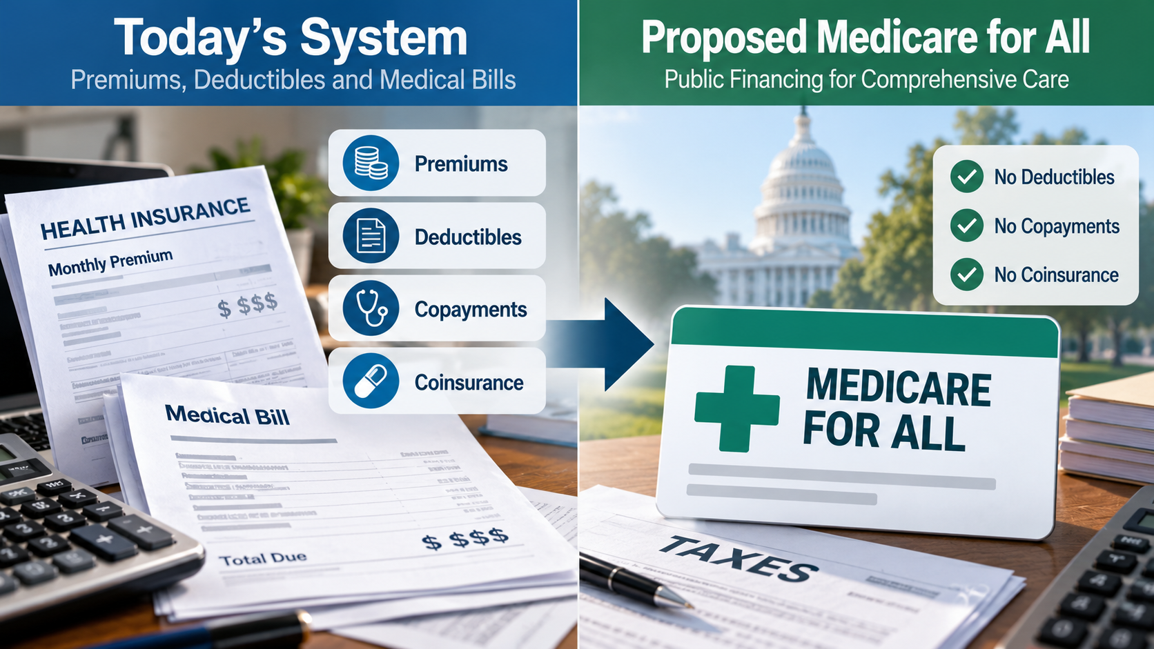 Two-column infographic comparing today's premiums and medical bills with potential tax-funded healthcare under Medicare for All