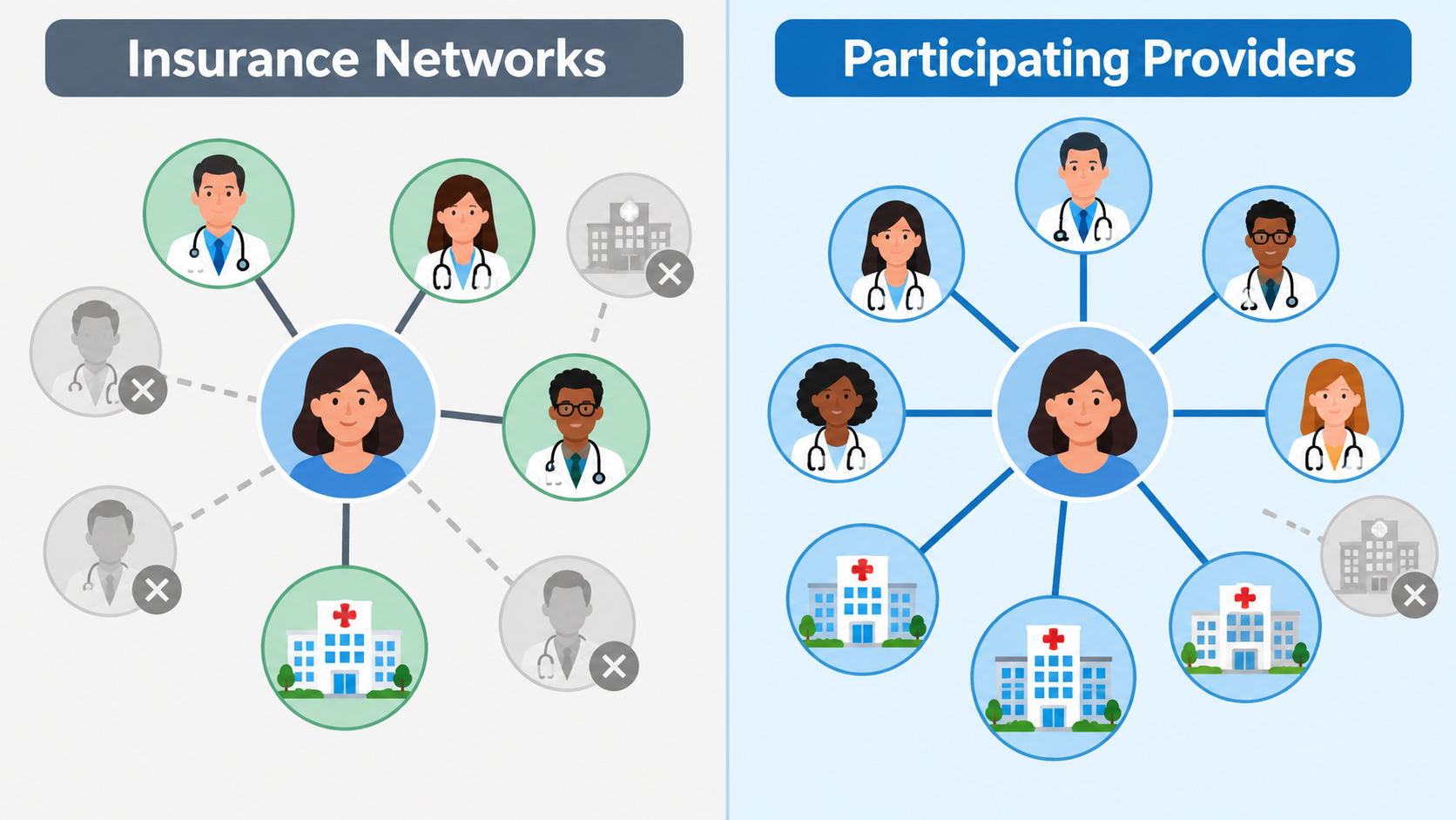 Diagram comparing doctor networks under private health insurance with provider participation under a proposed national Medicare for All program