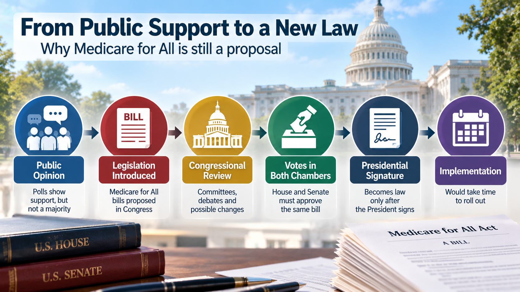 Timeline showing the stages from public support and proposed Medicare for All legislation to congressional approval and implementation
