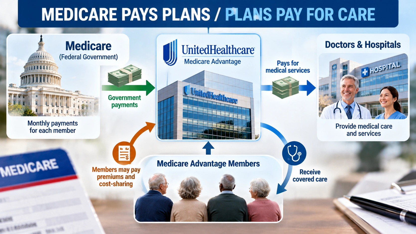 Flowchart showing Medicare payments to private Medicare Advantage insurers and the medical services financed through those plans