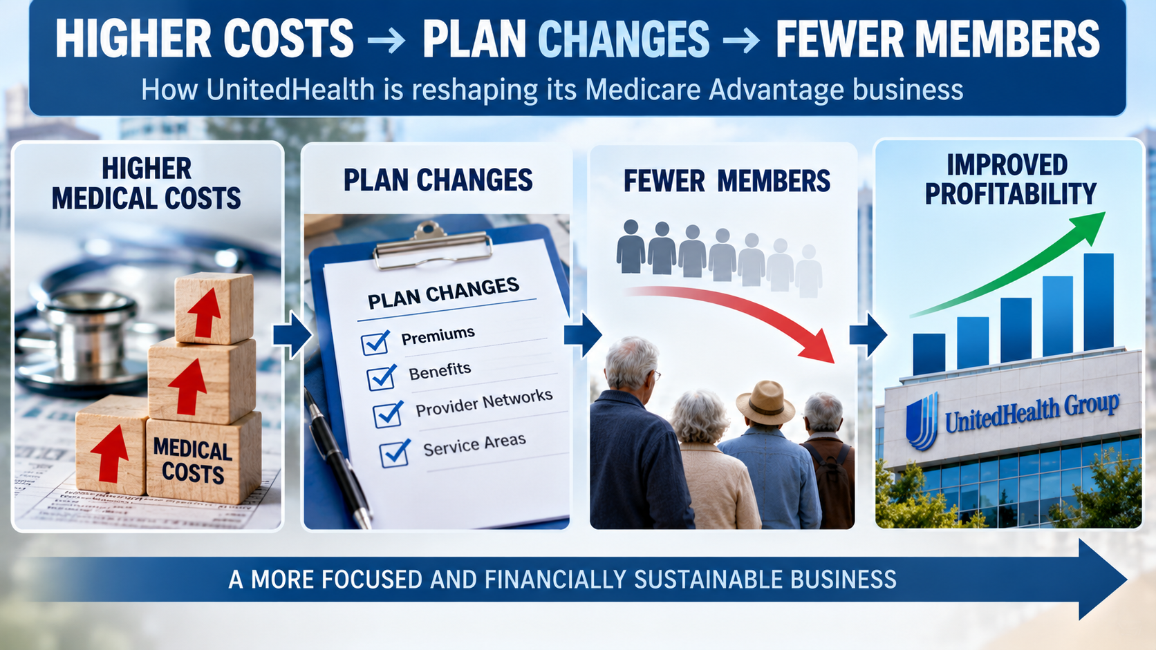 Cause-and-effect infographic showing how higher medical costs and insurer pricing decisions can result in fewer members and improved operating margins