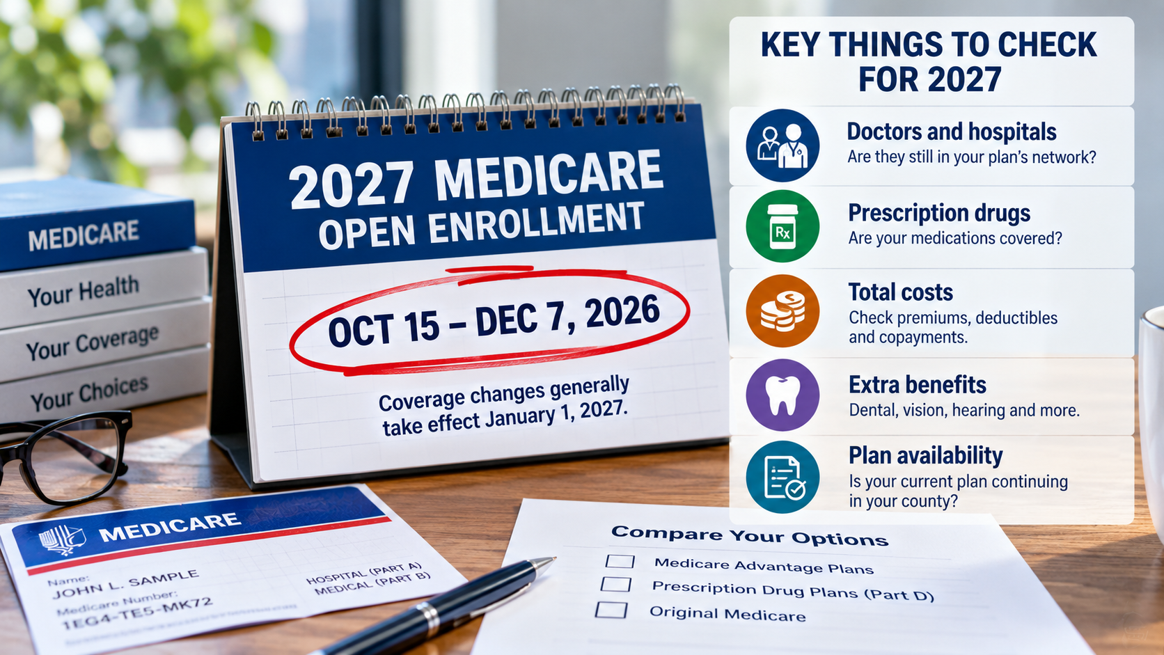 Medicare Open Enrollment infographic showing the October 15 to December 7 enrollment period and key plan features to compare for 2027
