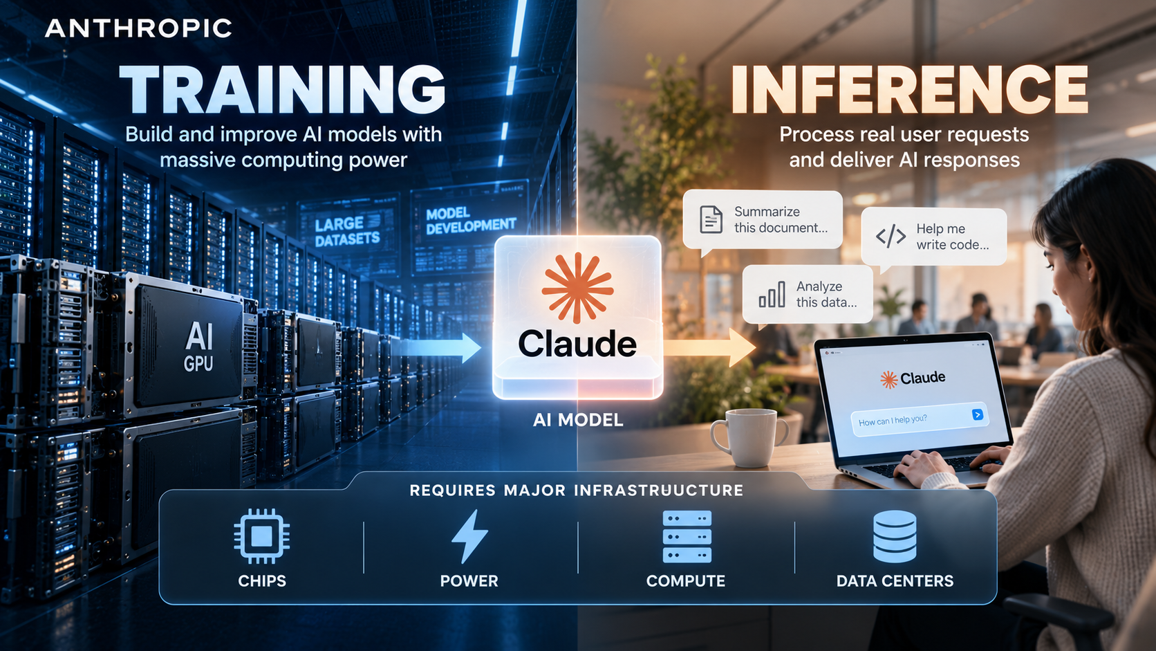Diagram distinguishing the computing costs of training AI models from the ongoing costs of running Claude for users