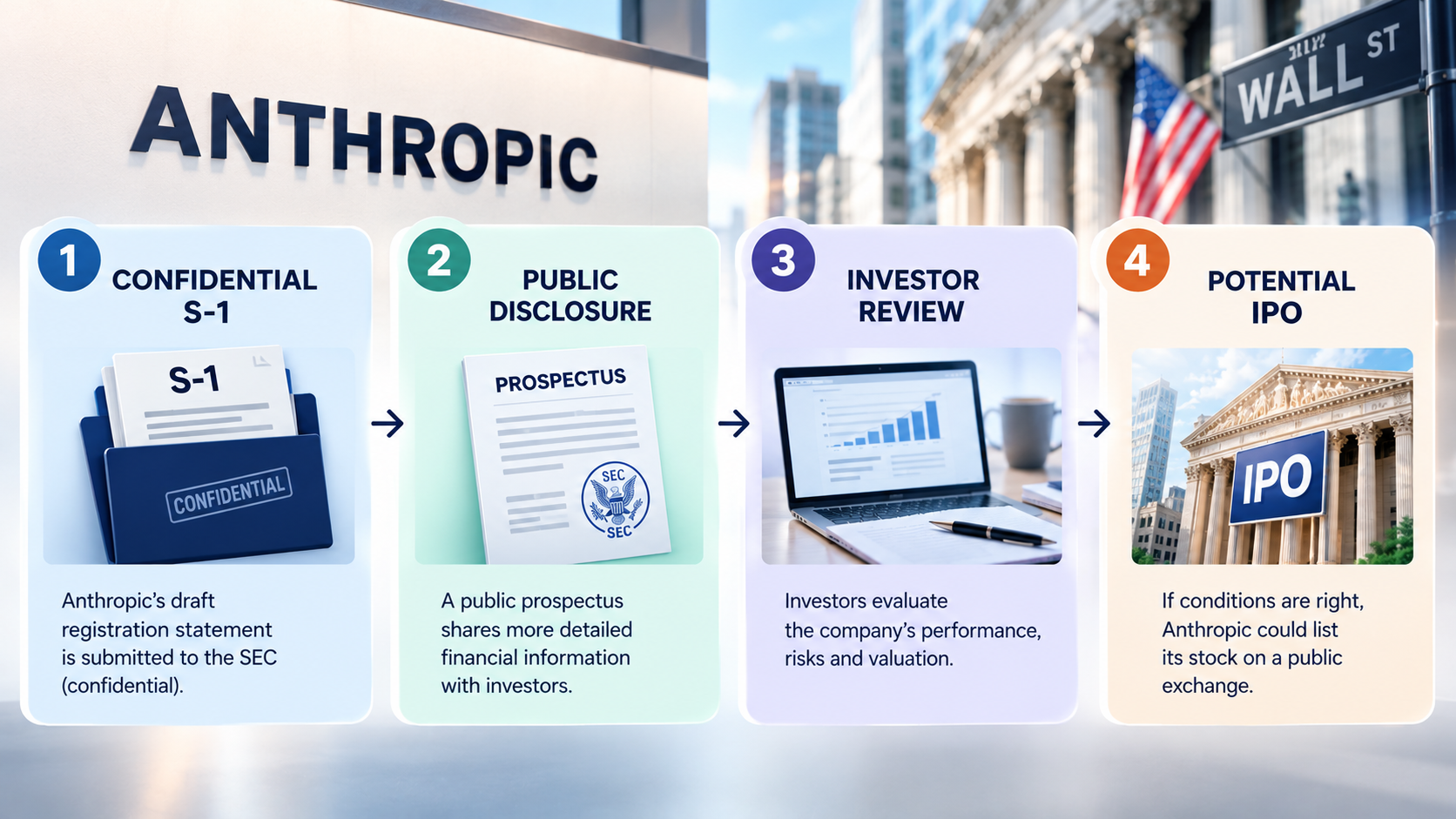 IPO process diagram showing how Anthropic's confidential filing, public prospectus, financial disclosures, and potential stock listing relate