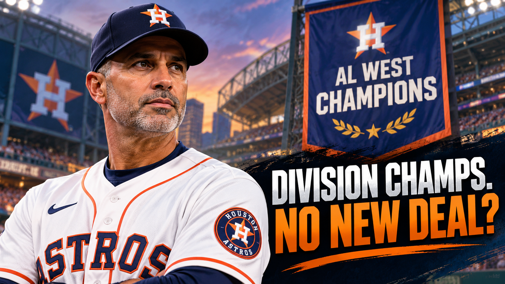 Editorial illustration of Joe Espada in Astros colors with an AL West championship banner and an uncertain managerial future
