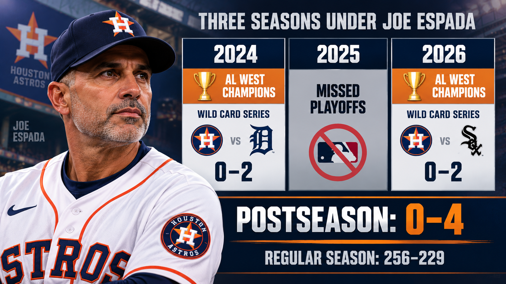Three-season timeline of Joe Espada's Astros managerial record showing two division titles but no postseason victories