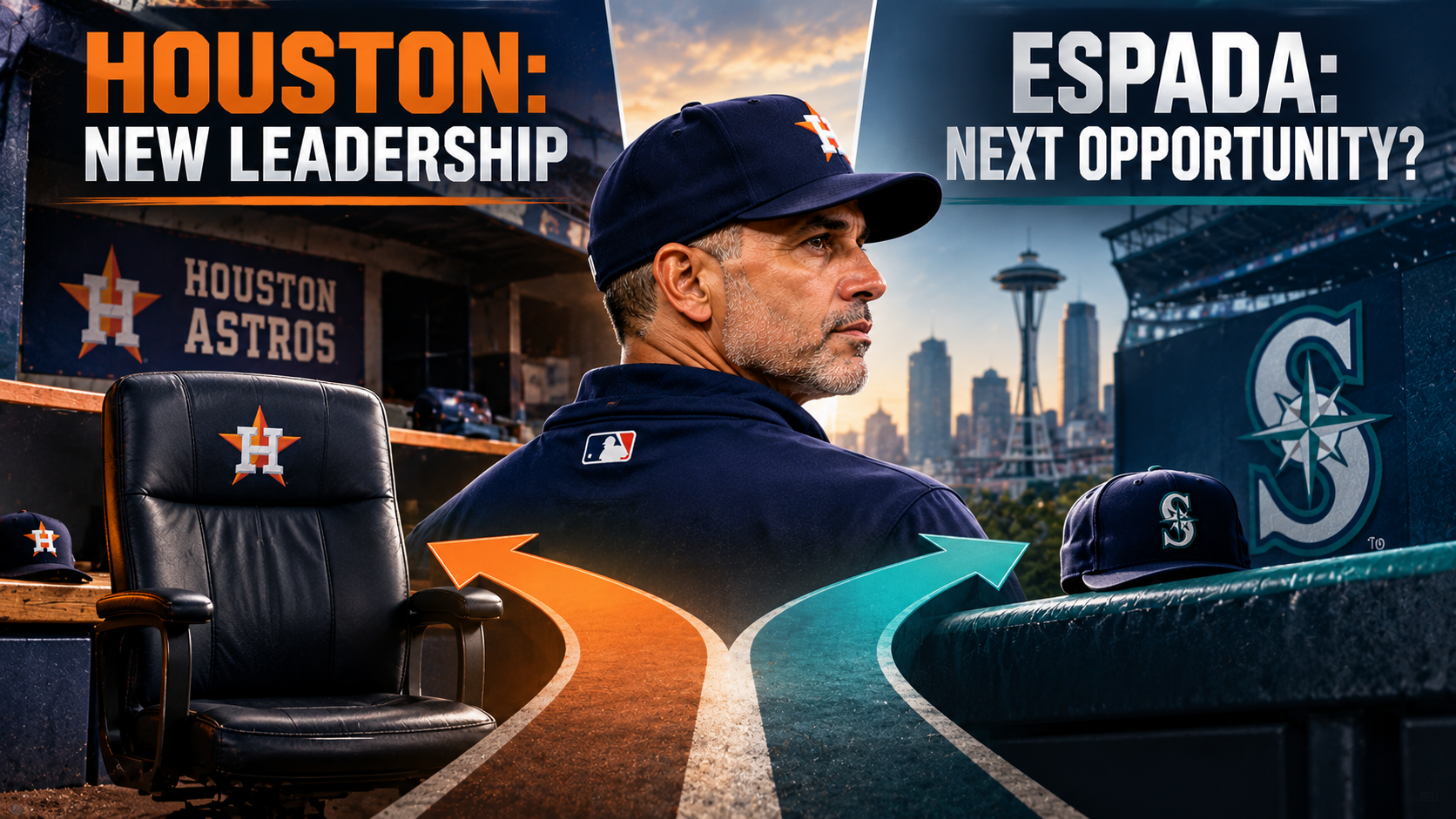 Split-path illustration showing the Astros' search for new leadership and Joe Espada's potential managerial opportunity with Seattle