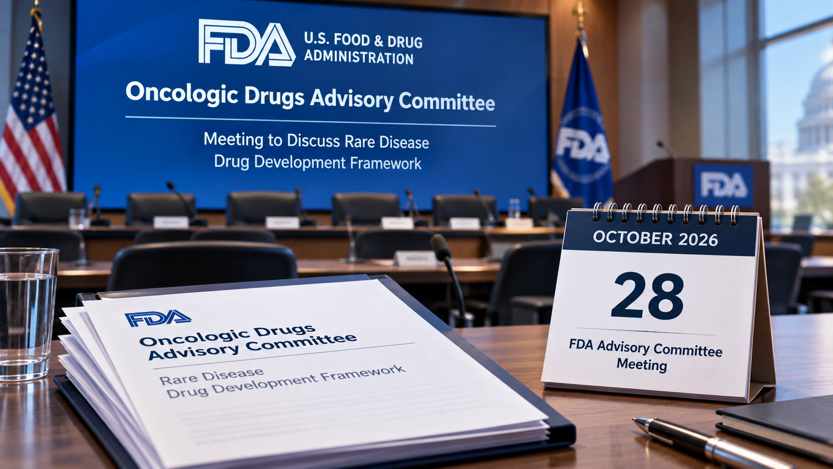 Timeline showing the FDA's October 14 rare-disease framework announcement, October 28 public meeting, and future framework development