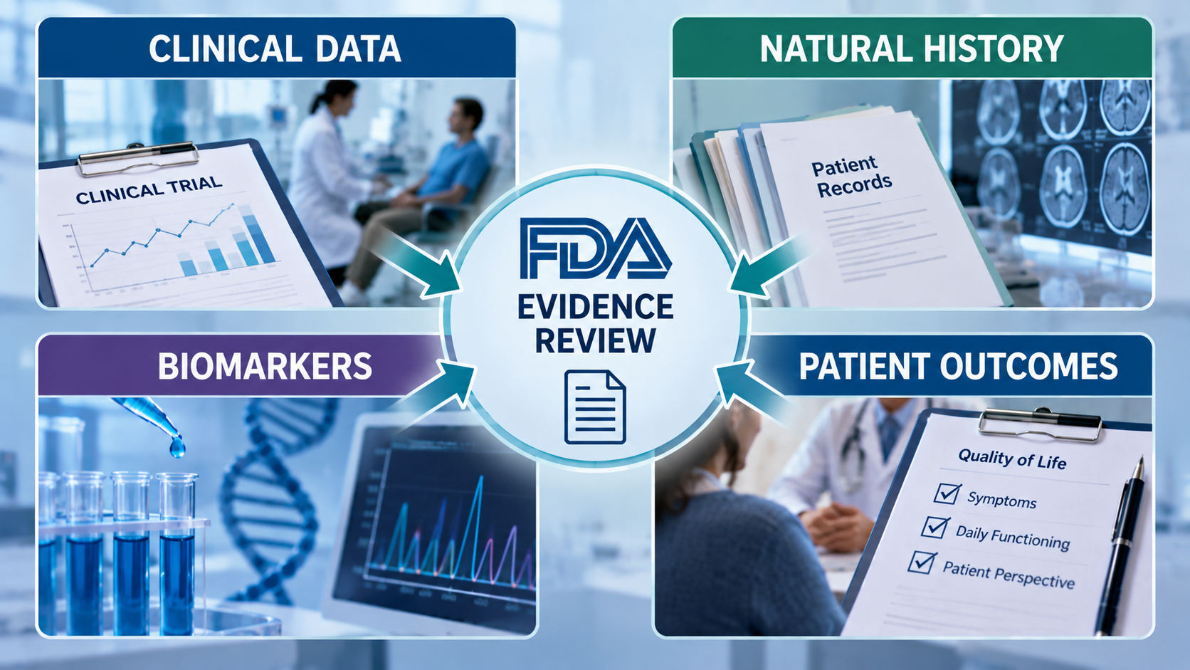 Infographic showing clinical trial data, natural history studies, biomarkers, and patient outcomes as potential sources of rare-disease treatment evidence
