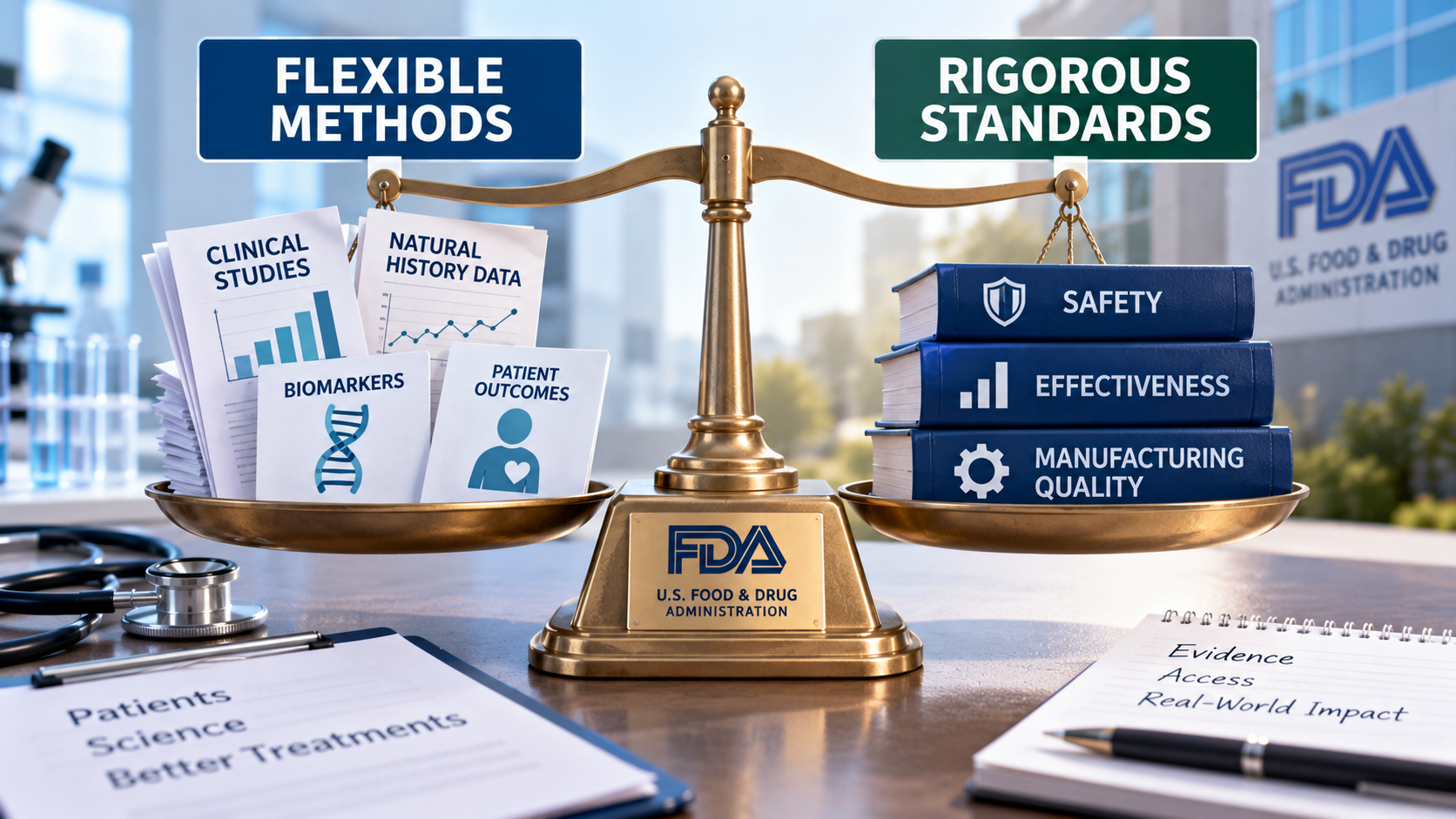 Balanced infographic contrasting flexible clinical evidence methods with unchanged FDA safety, effectiveness, and manufacturing quality responsibilities