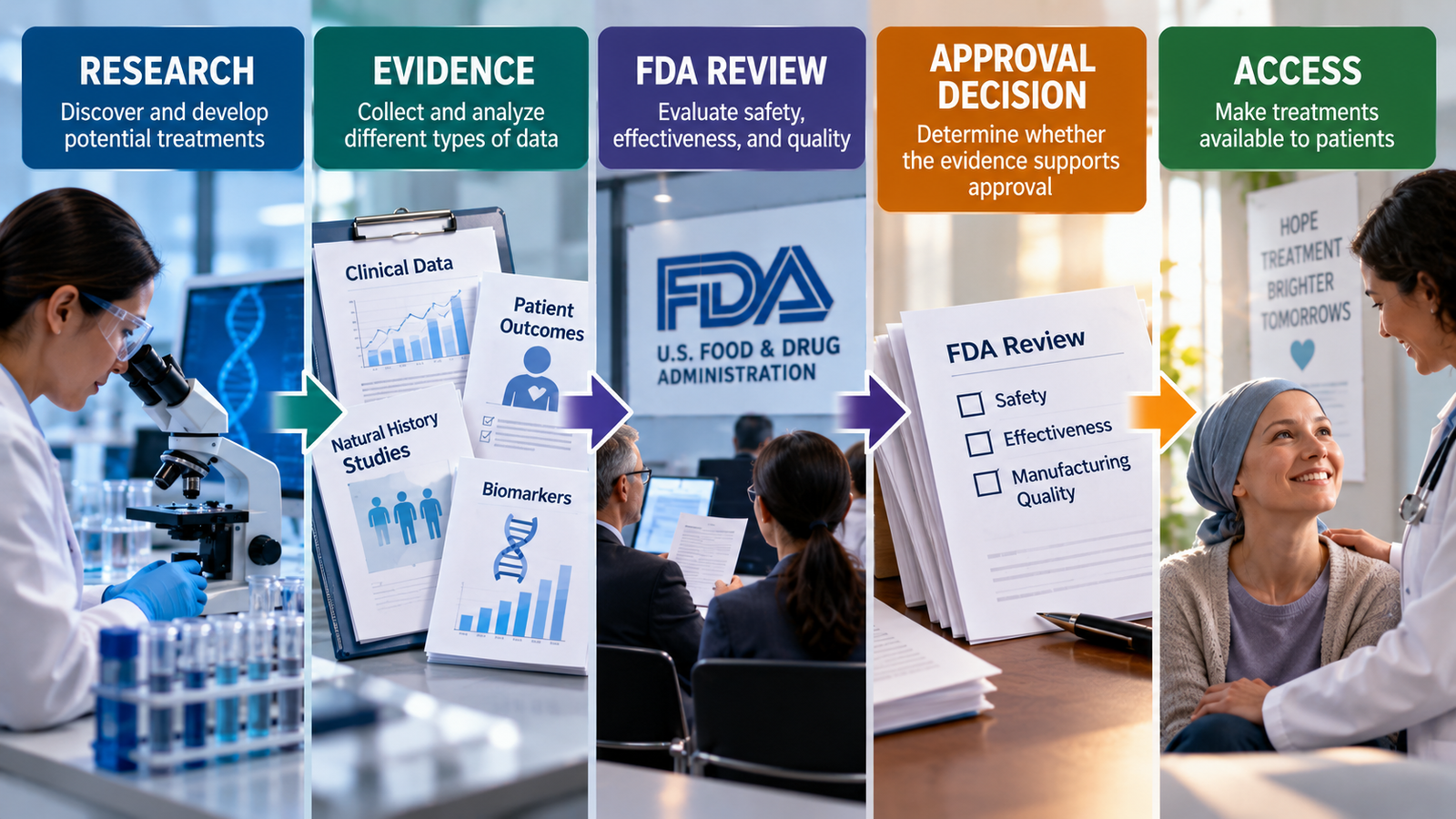 Patient-focused flowchart illustrating the steps from rare-disease research and evidence collection through FDA review, approval, and treatment access
