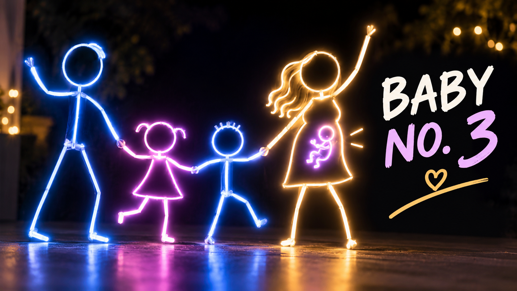 Editorial illustration of four glowing stick figures dancing as a small fifth figure appears over the mother's belly