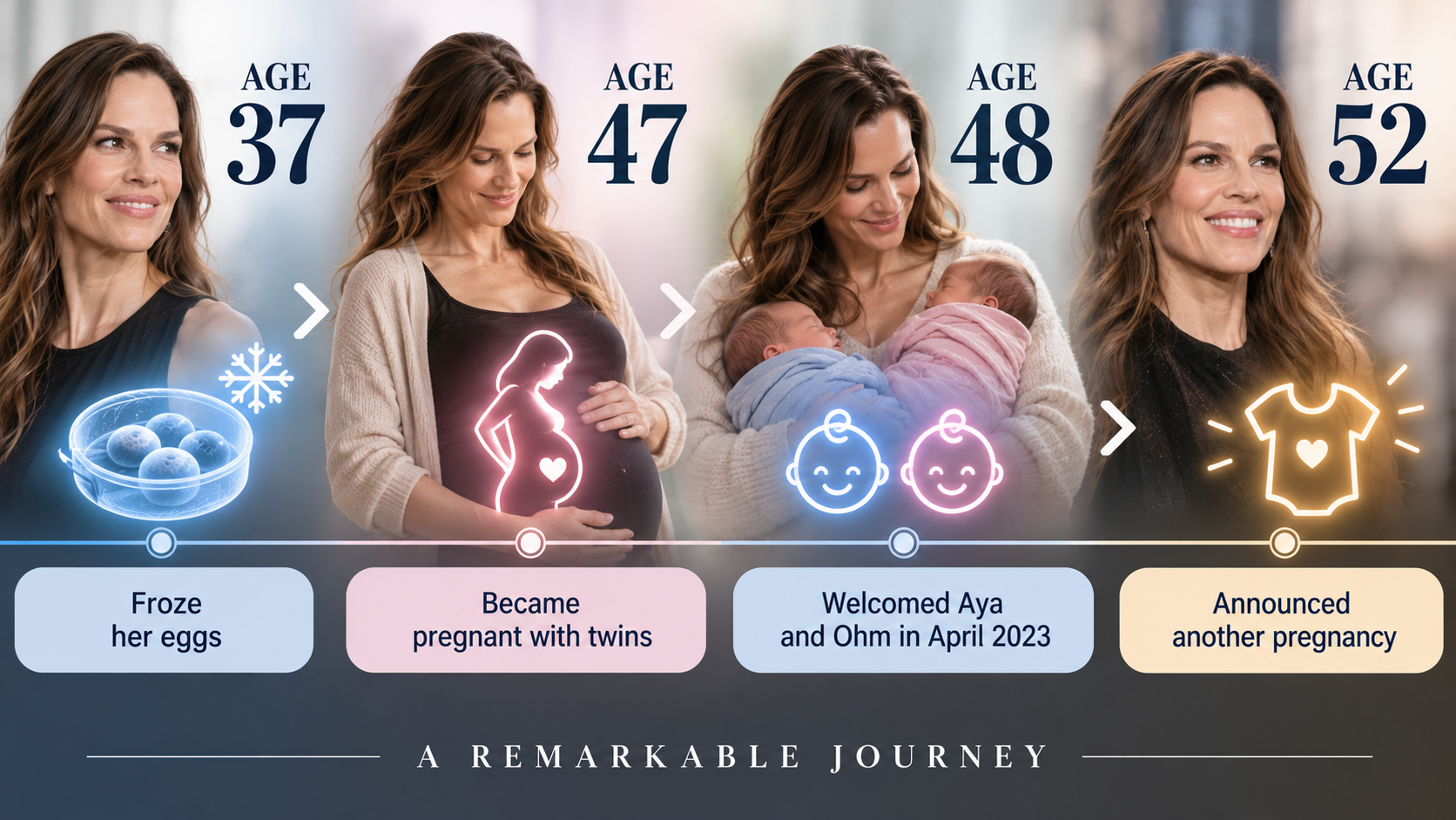 Timeline showing Hilary Swank freezing her eggs at 37, becoming pregnant at 47, welcoming twins at 48, and announcing another pregnancy at 52