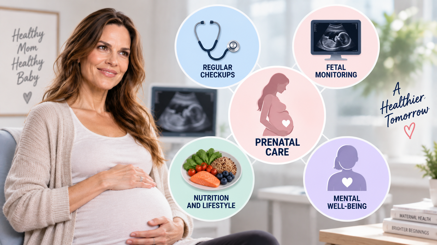 Medical infographic illustrating pregnancy-related blood pressure monitoring, glucose testing, fetal growth assessment, and prenatal ultrasound