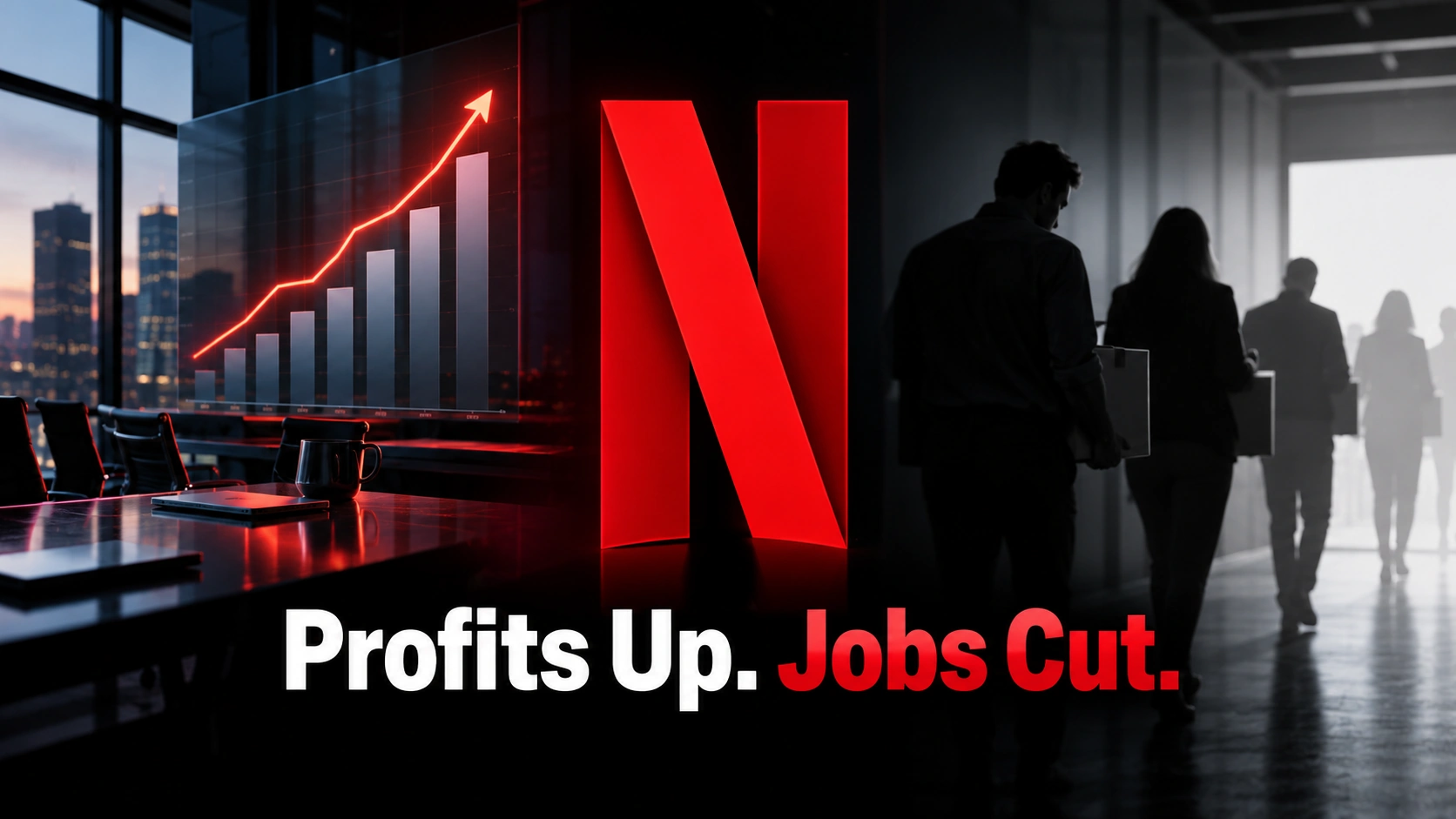 Editorial illustration of the Netflix logo between rising profits and disappearing employee silhouettes, highlighting the company's 2026 layoffs