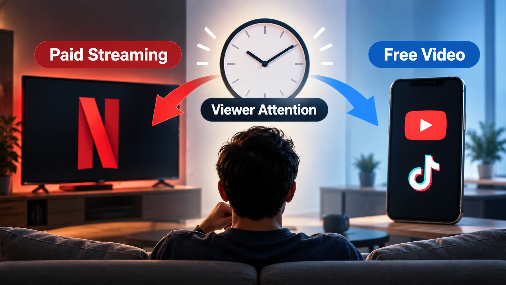 Editorial diagram contrasting Netflix's paid streaming service with free video platforms and showing competition for viewers' limited screen time