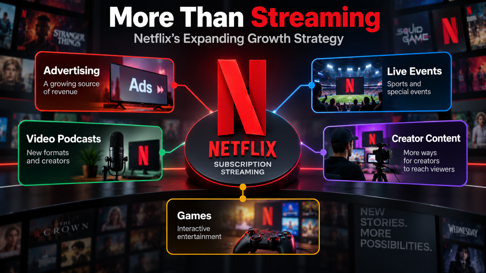 Flowchart showing Netflix's established subscription business alongside its expansion into advertising, live events, video podcasts, creator content, and games