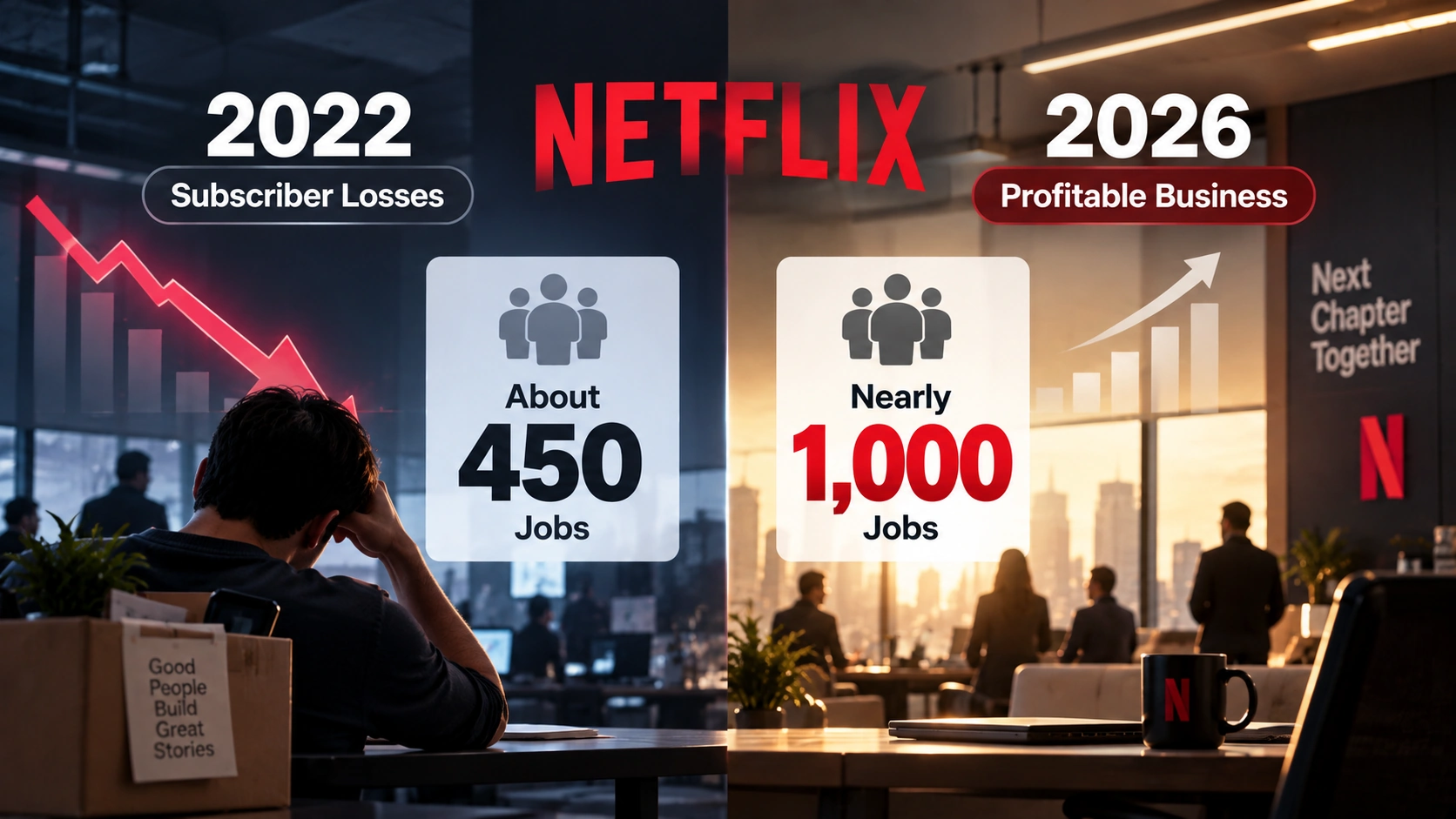Timeline comparing Netflix's approximately 450 job cuts in 2022 following subscriber losses with nearly 1,000 planned layoffs in 2026 despite strong profits