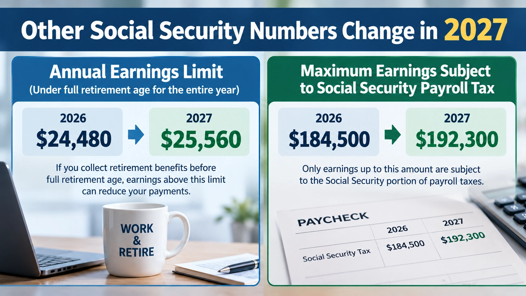 Before-and-after comparison of 2026 and 2027 Social Security earnings limits and maximum taxable earnings