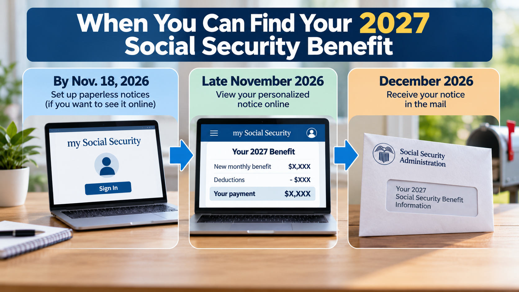Calendar and account illustration showing when Social Security recipients can access personalized 2027 COLA notices online or by mail