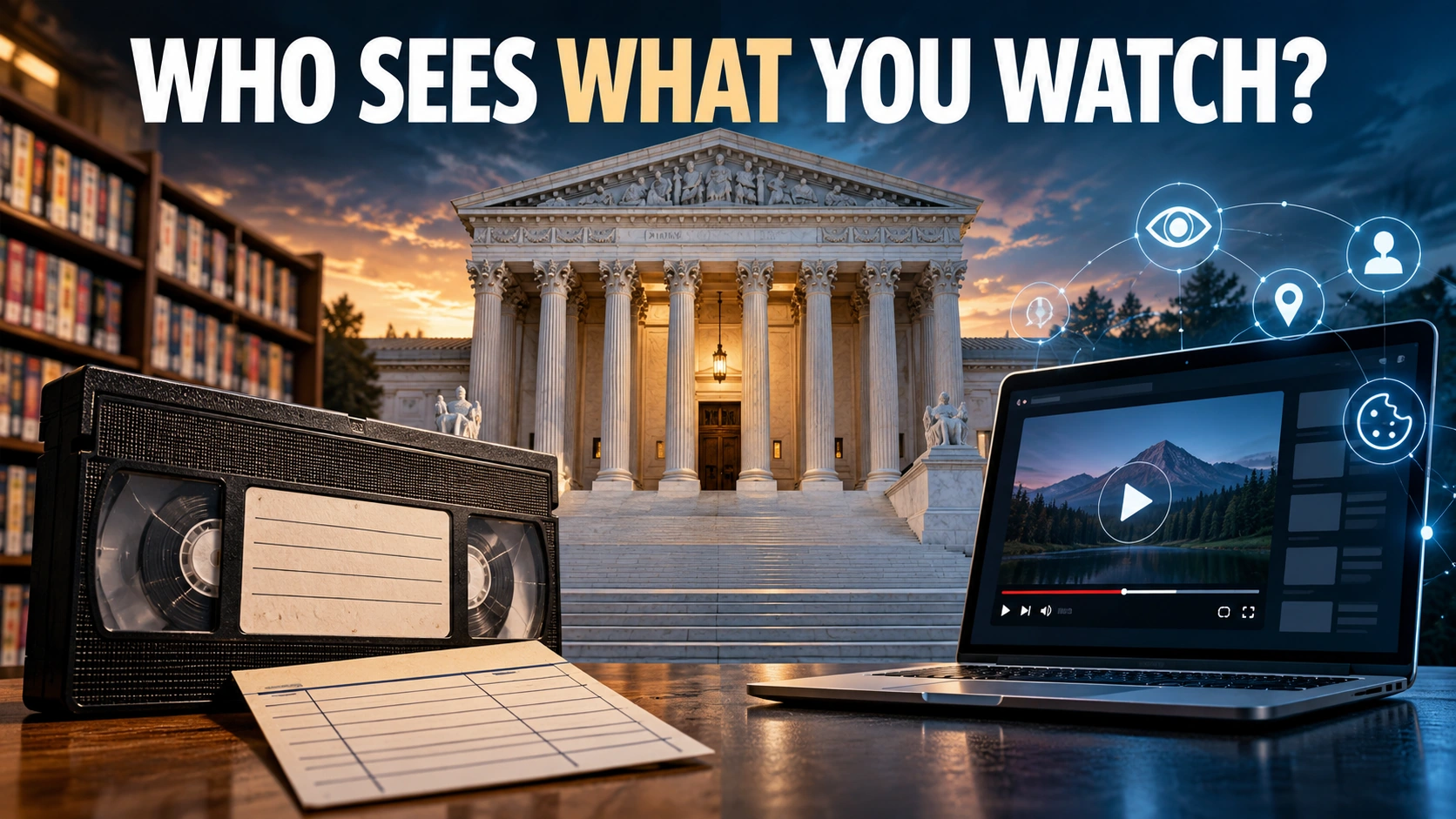Editorial illustration linking a 1980s video rental record to modern online video tracking and the U.S. Supreme Court