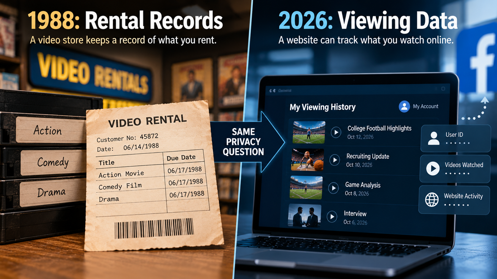 Before-and-after illustration comparing a 1988 VHS rental record with a modern online video viewing history