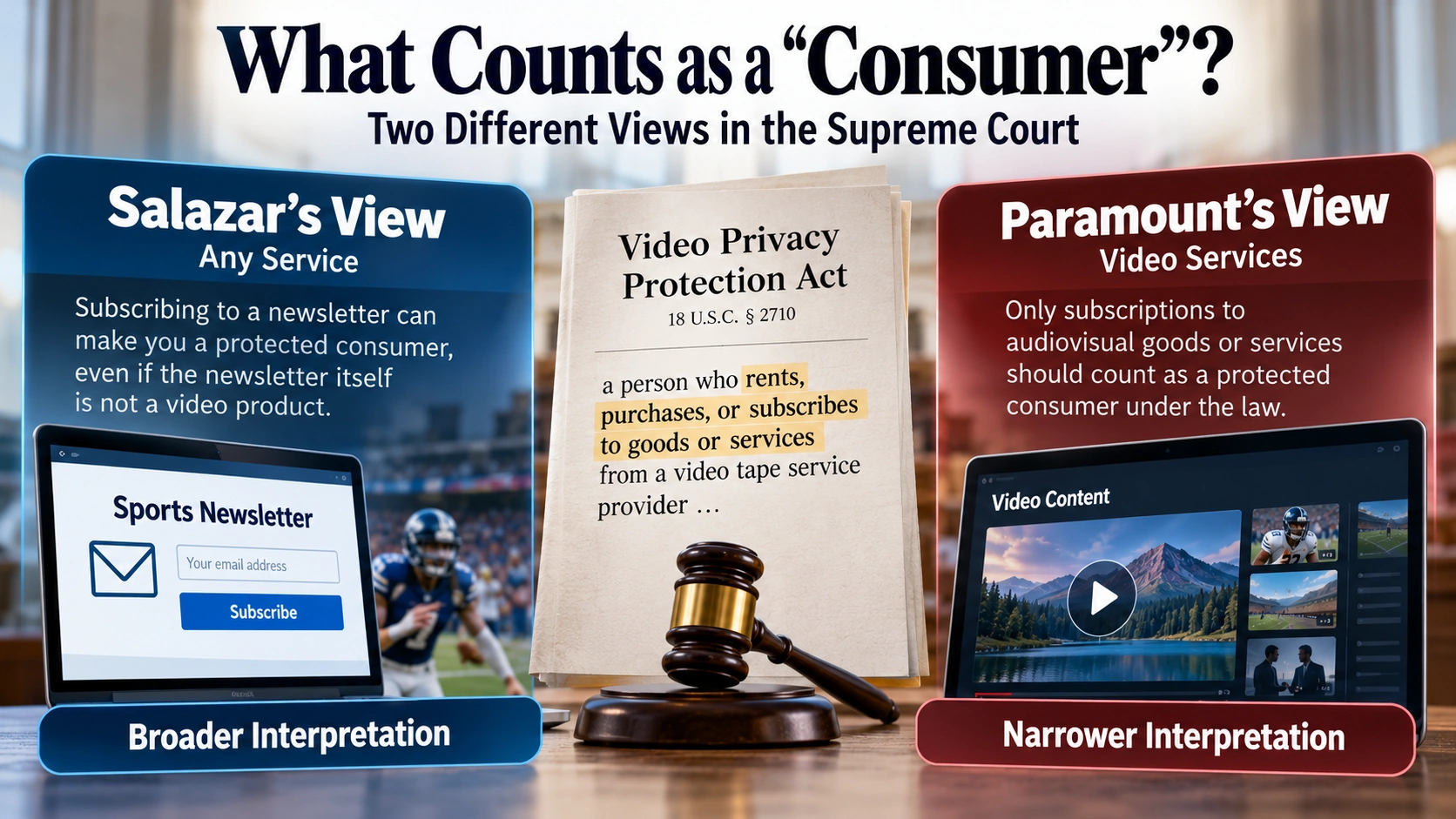 Side-by-side legal comparison of Salazar's broad consumer definition and Paramount's narrower audiovisual subscription interpretation