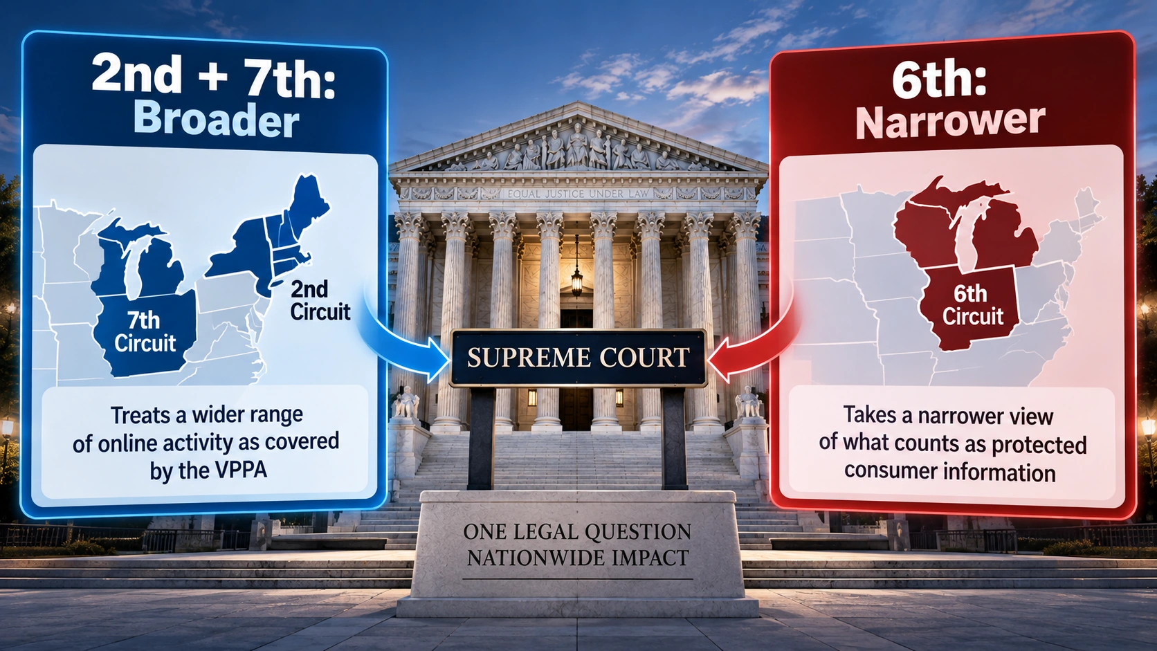 Diagram comparing the broader Second and Seventh Circuit interpretations with the narrower Sixth Circuit interpretation of video privacy law
