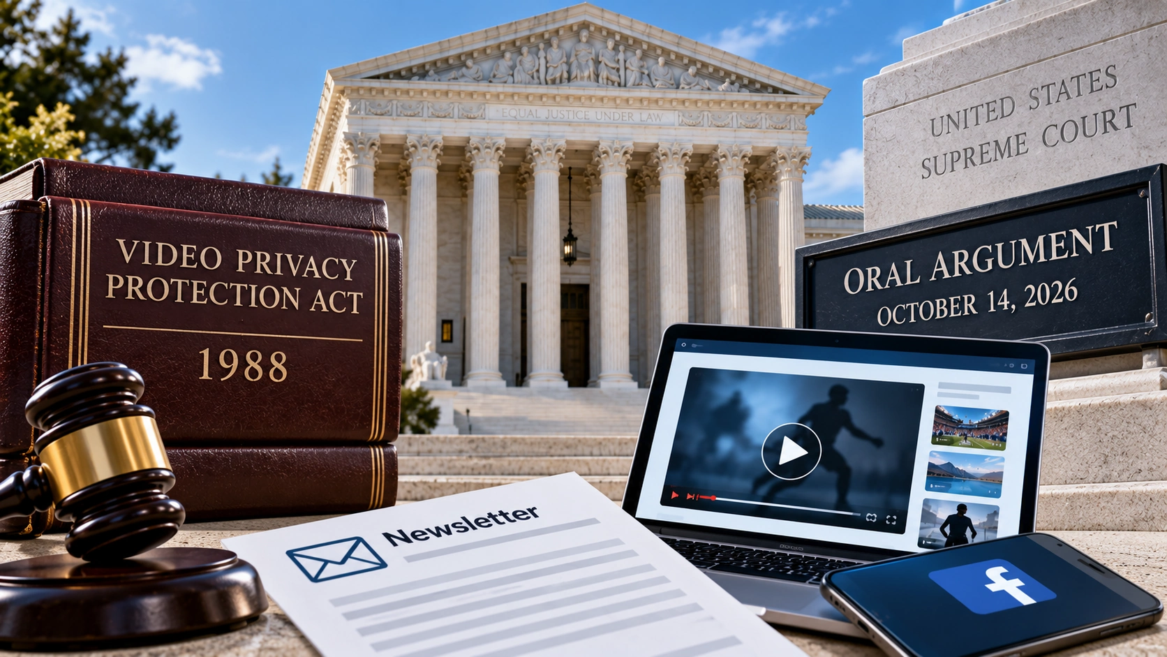 Neutral Supreme Court courtroom illustration balancing the wording of an old privacy statute and modern digital advertising practices