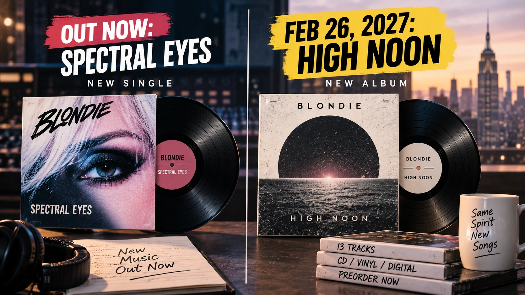 Timeline showing the October 2026 release of Spectral Eyes and the scheduled February 2027 release of Blondie's High Noon album